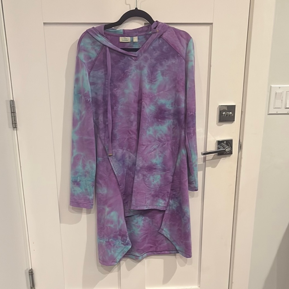 LOGO by Lori Goldstein Purple and Blue Tie-Dye Cowl Neck Sweater